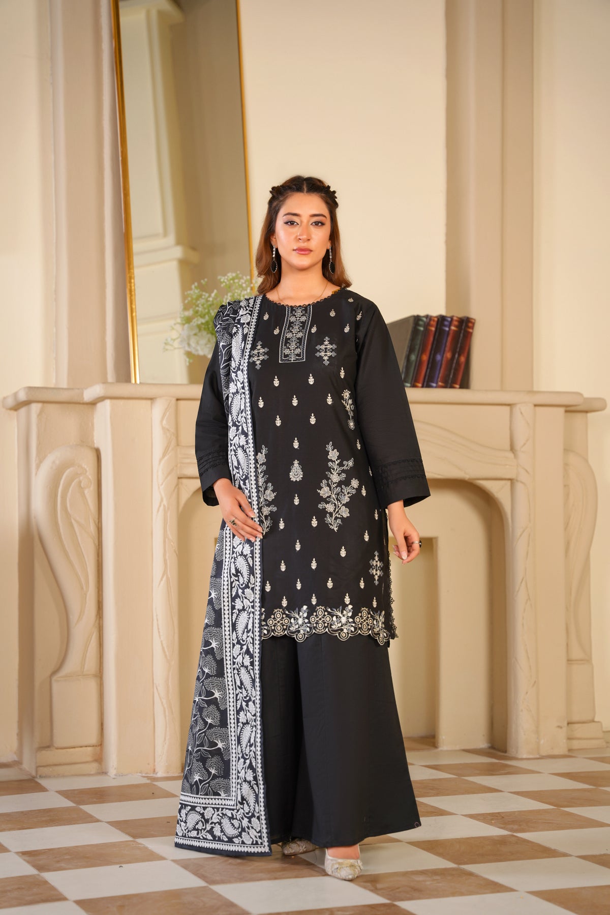Ayleen Vol#1 All Black 3pc Premium Lawn Dyed Front Full Embroidered, Premium Lawn Dyed Back Sleeve & Lawn Voil Digital Print Dupatta- Aabroo