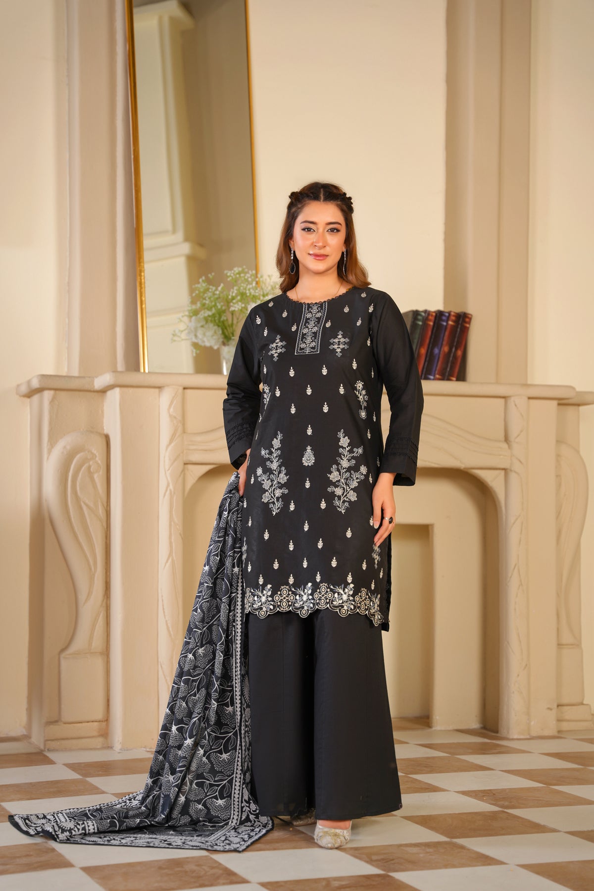 Ayleen Vol#1 All Black 3pc Premium Lawn Dyed Front Full Embroidered, Premium Lawn Dyed Back Sleeve & Lawn Voil Digital Print Dupatta- Aabroo