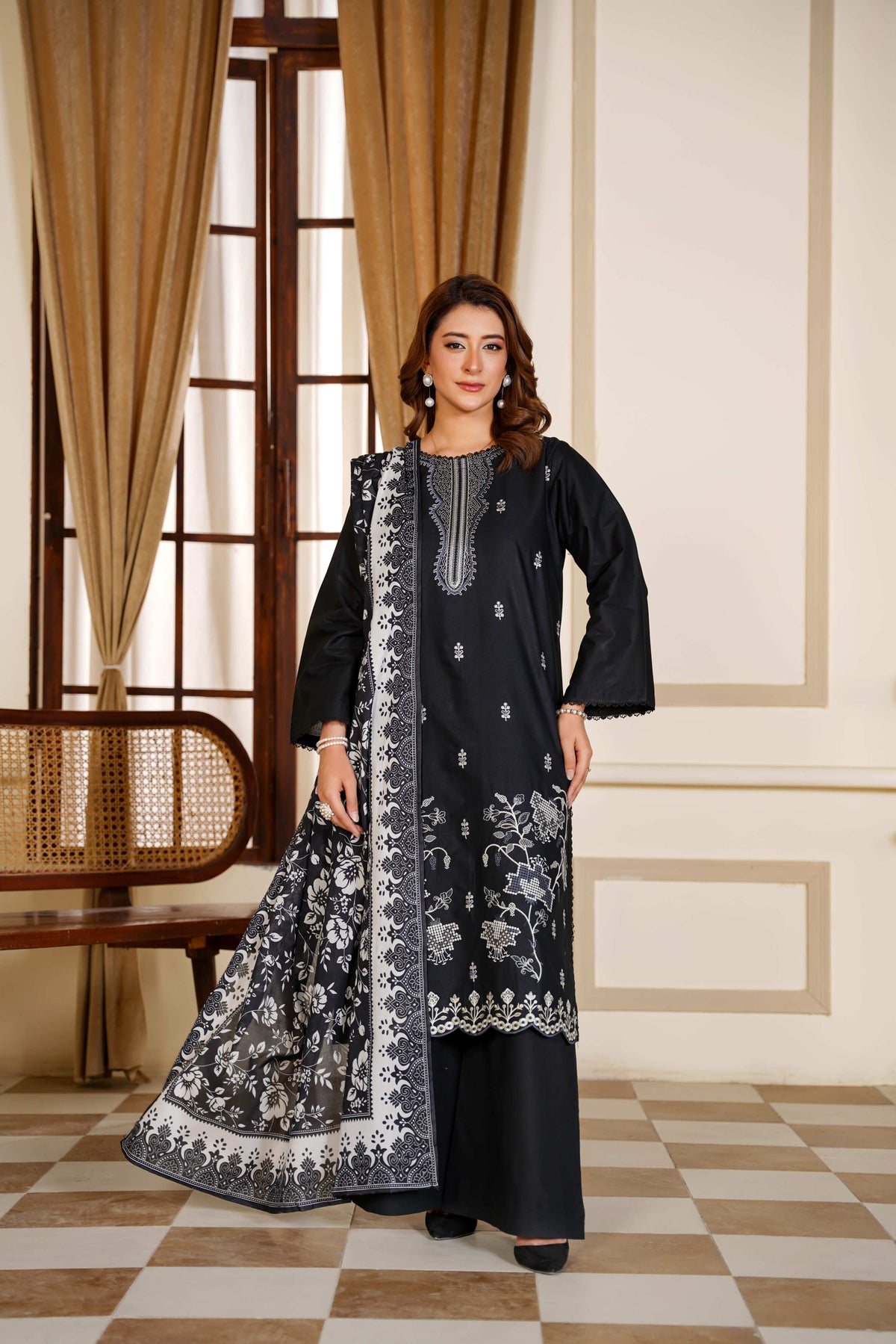 Ayleen Vol#1 All Black 3pc Premium Lawn Dyed Front Full Embroidered, Premium Lawn Dyed Back Sleeve & Lawn Voil Digital Print Dupatta- Azmire