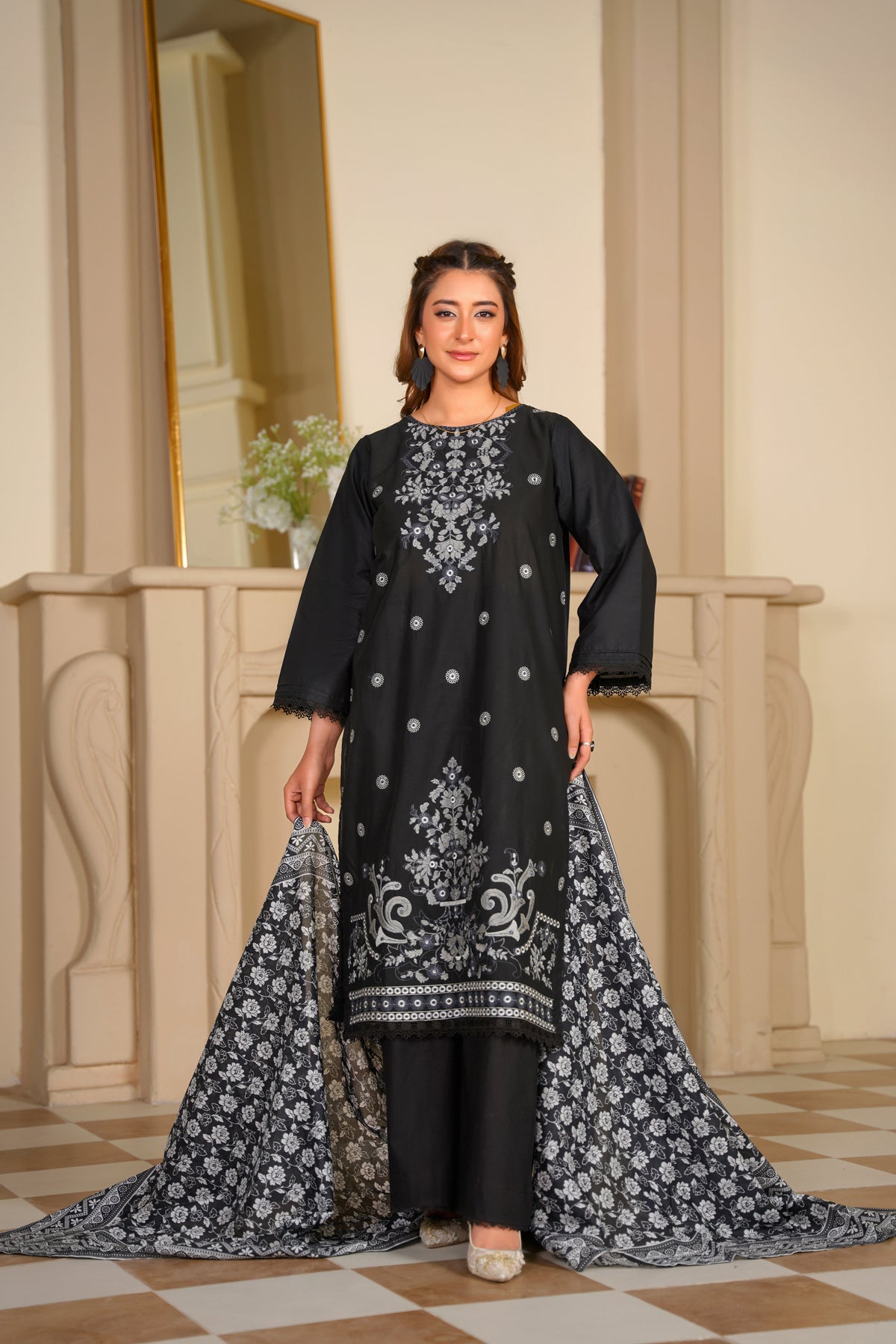 Ayleen Vol#1 All Black 3pc Premium Lawn Dyed Front Full Embroidered, Premium Lawn Dyed Back Sleeve & Lawn Voil Digital Print Dupatta- Manzil