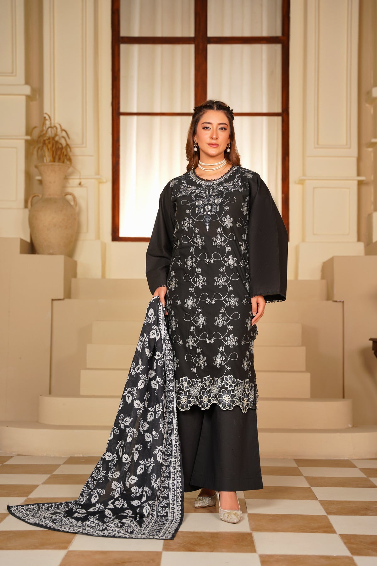 Ayleen Vol#1 All Black 3pc Premium Lawn Dyed Front Full Embroidered, Premium Lawn Dyed Back Sleeve & Lawn Voil Digital Print Dupatta- Zariyah