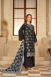Ayleen Vol#1 All Black 3pc Premium Lawn Dyed Front Full Embroidered, Premium Lawn Dyed Back Sleeve & Lawn Voil Digital Print Dupatta- Zariyah