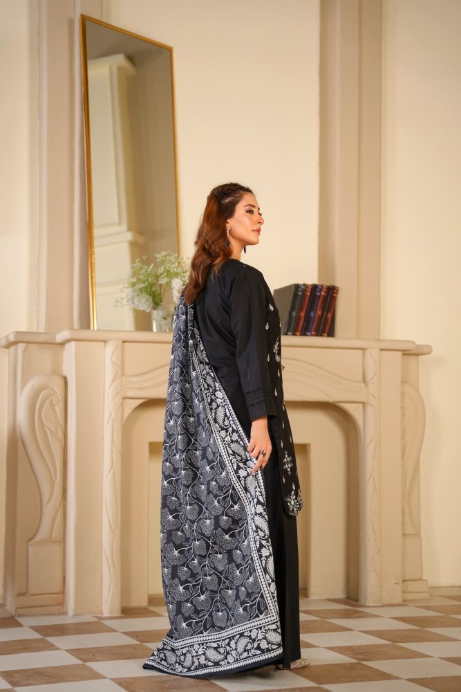 Ayleen Vol1 All Black 3pc Premium Lawn Dyed Front Full Embroidered, Premium Lawn Dyed Back Sleeve & Lawn Voil Digital Print Dupatta- Aabroo - Ayleen Clothing