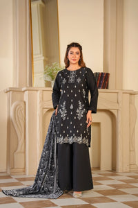 Ayleen Vol1 All Black 3pc Premium Lawn Dyed Front Full Embroidered, Premium Lawn Dyed Back Sleeve & Lawn Voil Digital Print Dupatta- Aabroo - Ayleen Clothing