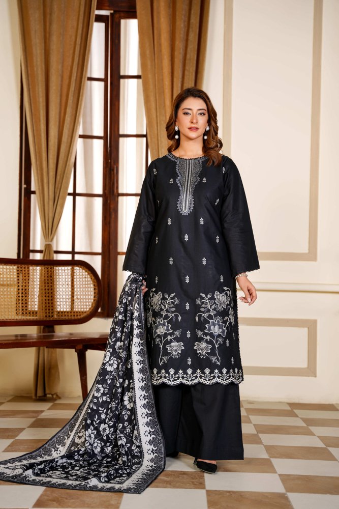 Ayleen Vol1 All Black 3pc Premium Lawn Dyed Front Full Embroidered, Premium Lawn Dyed Back Sleeve & Lawn Voil Digital Print Dupatta- Azmire - Ayleen Clothing