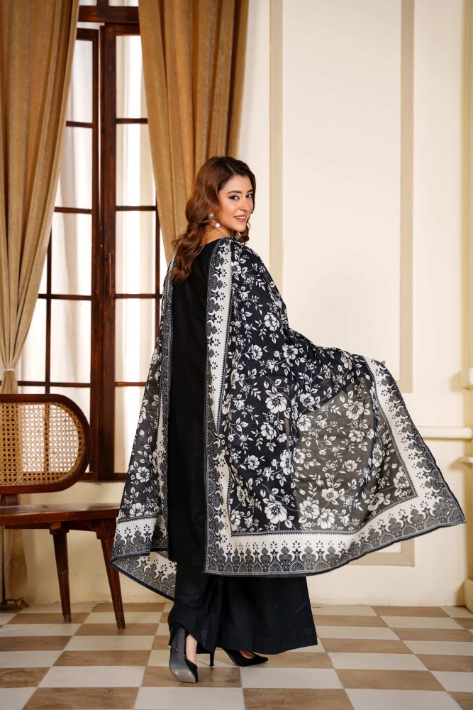 Ayleen Vol1 All Black 3pc Premium Lawn Dyed Front Full Embroidered, Premium Lawn Dyed Back Sleeve & Lawn Voil Digital Print Dupatta- Azmire - Ayleen Clothing