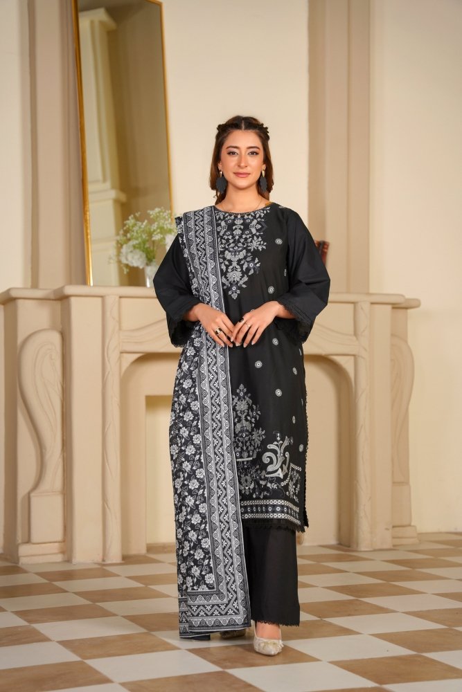 Ayleen Vol1 All Black 3pc Premium Lawn Dyed Front Full Embroidered, Premium Lawn Dyed Back Sleeve & Lawn Voil Digital Print Dupatta- Manzil - Ayleen Clothing