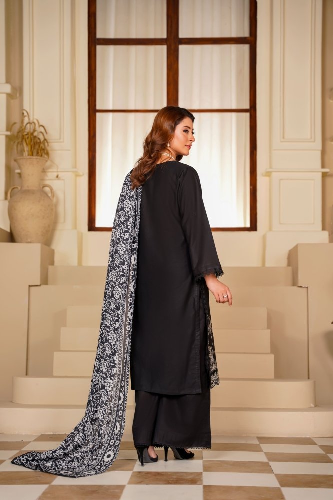 Ayleen Vol1 All Black 3pc Premium Lawn Dyed Front Full Embroidered, Premium Lawn Dyed Back Sleeve & Lawn Voil Digital Print Dupatta- Saaya - Ayleen Clothing
