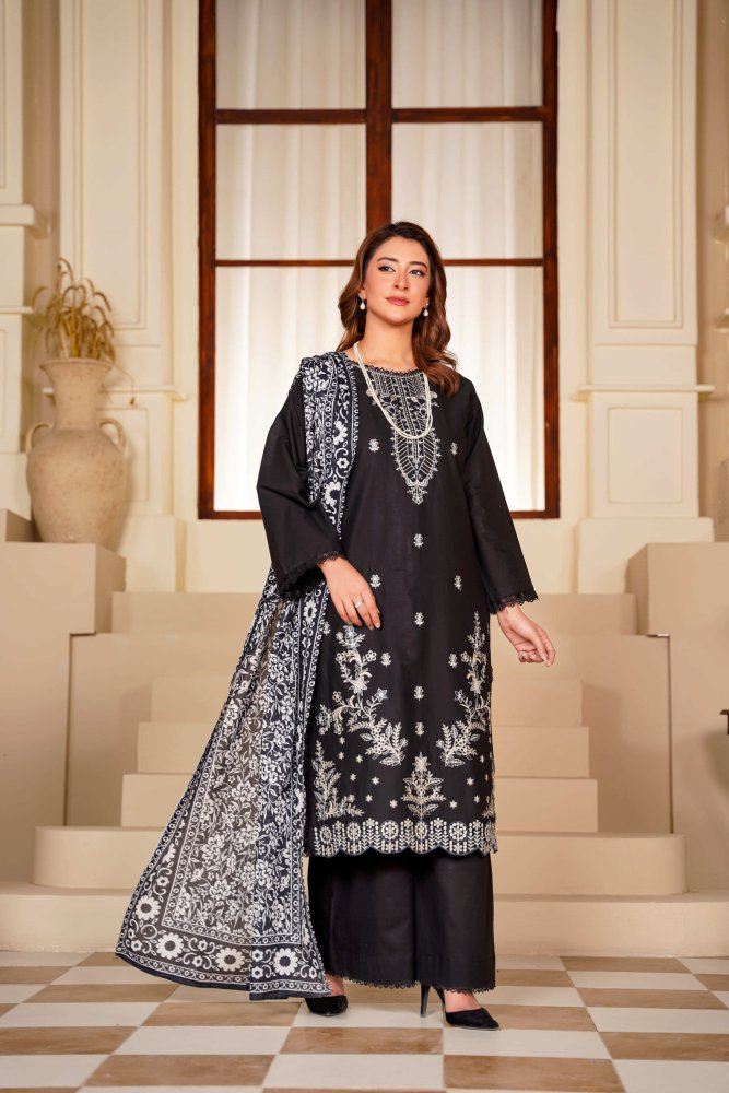 Ayleen Vol1 All Black 3pc Premium Lawn Dyed Front Full Embroidered, Premium Lawn Dyed Back Sleeve & Lawn Voil Digital Print Dupatta- Saaya - Ayleen Clothing