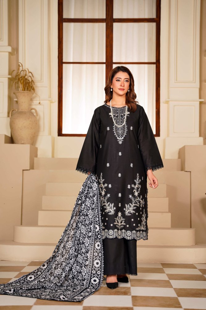 Ayleen Vol1 All Black 3pc Premium Lawn Dyed Front Full Embroidered, Premium Lawn Dyed Back Sleeve & Lawn Voil Digital Print Dupatta- Saaya - Ayleen Clothing