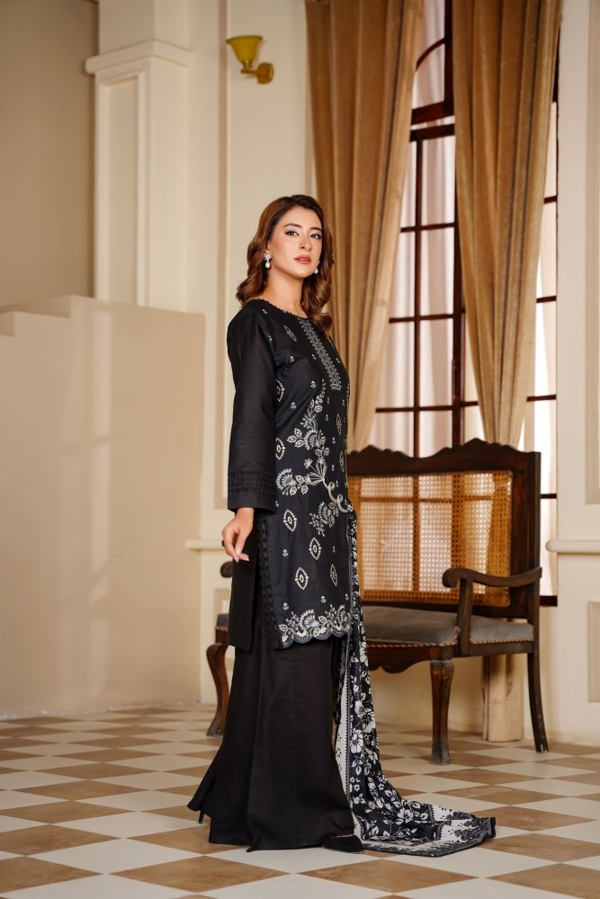 Ayleen Vol1 All Black 3pc Premium Lawn Dyed Front Full Embroidered, Premium Lawn Dyed Back Sleeve & Lawn Voil Digital Print Dupatta- Siyara - Ayleen Clothing