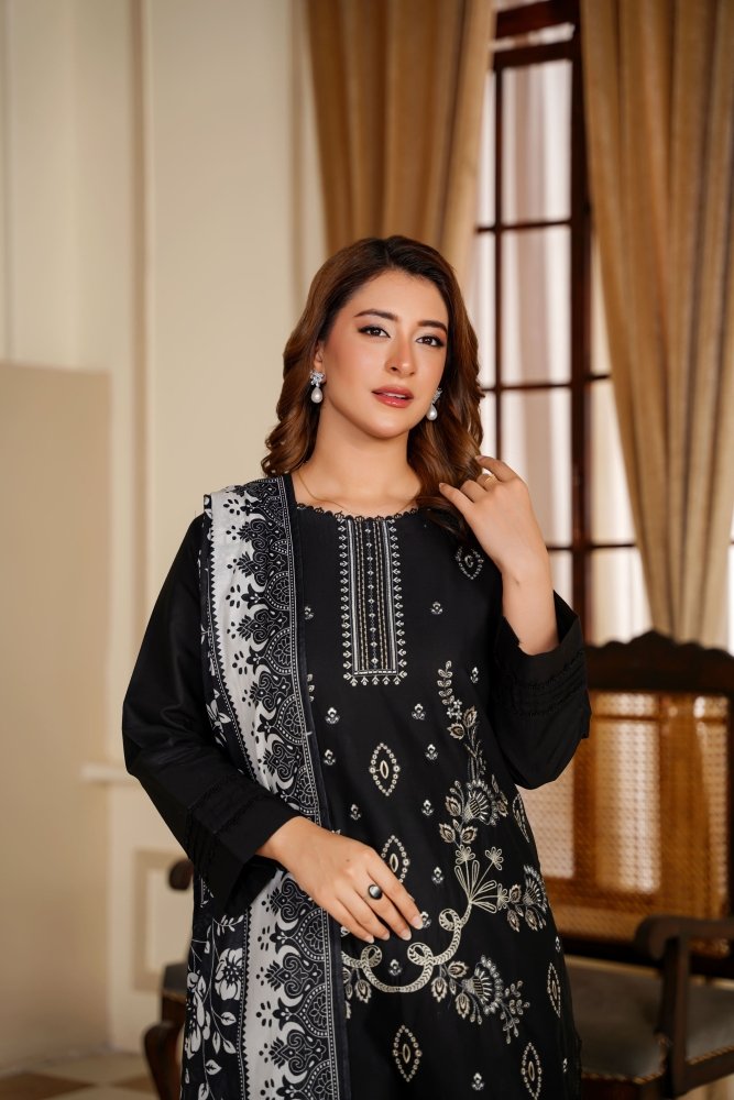 Ayleen Vol1 All Black 3pc Premium Lawn Dyed Front Full Embroidered, Premium Lawn Dyed Back Sleeve & Lawn Voil Digital Print Dupatta- Siyara - Ayleen Clothing
