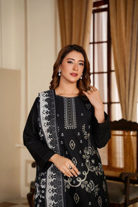 Ayleen Vol1 All Black 3pc Premium Lawn Dyed Front Full Embroidered, Premium Lawn Dyed Back Sleeve & Lawn Voil Digital Print Dupatta- Siyara - Ayleen Clothing