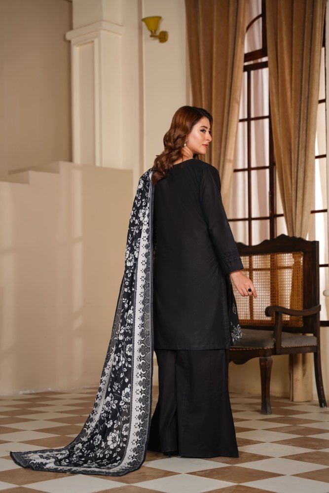Ayleen Vol1 All Black 3pc Premium Lawn Dyed Front Full Embroidered, Premium Lawn Dyed Back Sleeve & Lawn Voil Digital Print Dupatta- Siyara - Ayleen Clothing