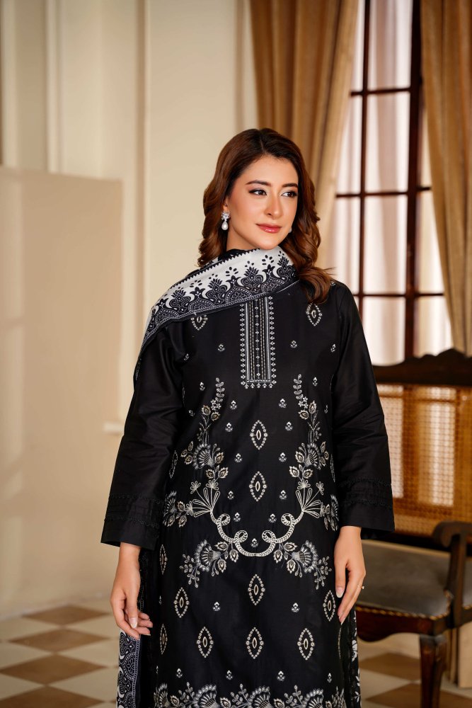 Ayleen Vol1 All Black 3pc Premium Lawn Dyed Front Full Embroidered, Premium Lawn Dyed Back Sleeve & Lawn Voil Digital Print Dupatta- Siyara - Ayleen Clothing