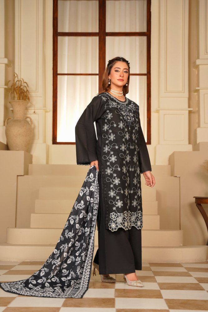 Ayleen Vol1 All Black 3pc Premium Lawn Dyed Front Full Embroidered, Premium Lawn Dyed Back Sleeve & Lawn Voil Digital Print Dupatta- Zariyah - Ayleen Clothing