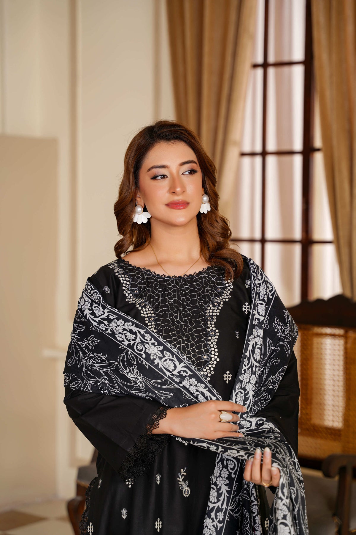 Ayleen Vol#1 All Black 3pc Premium Lawn Dyed Front Full Embroidered, Premium Lawn Dyed Back Sleeve & Lawn Voil Digital Print Dupatta- Noor-e-sehr