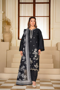 Ayleen Vol#1 All Black 3pc Premium Lawn Dyed Front Full Embroidered, Premium Lawn Dyed Back Sleeve & Lawn Voil Digital Print Dupatta- Zehnoor