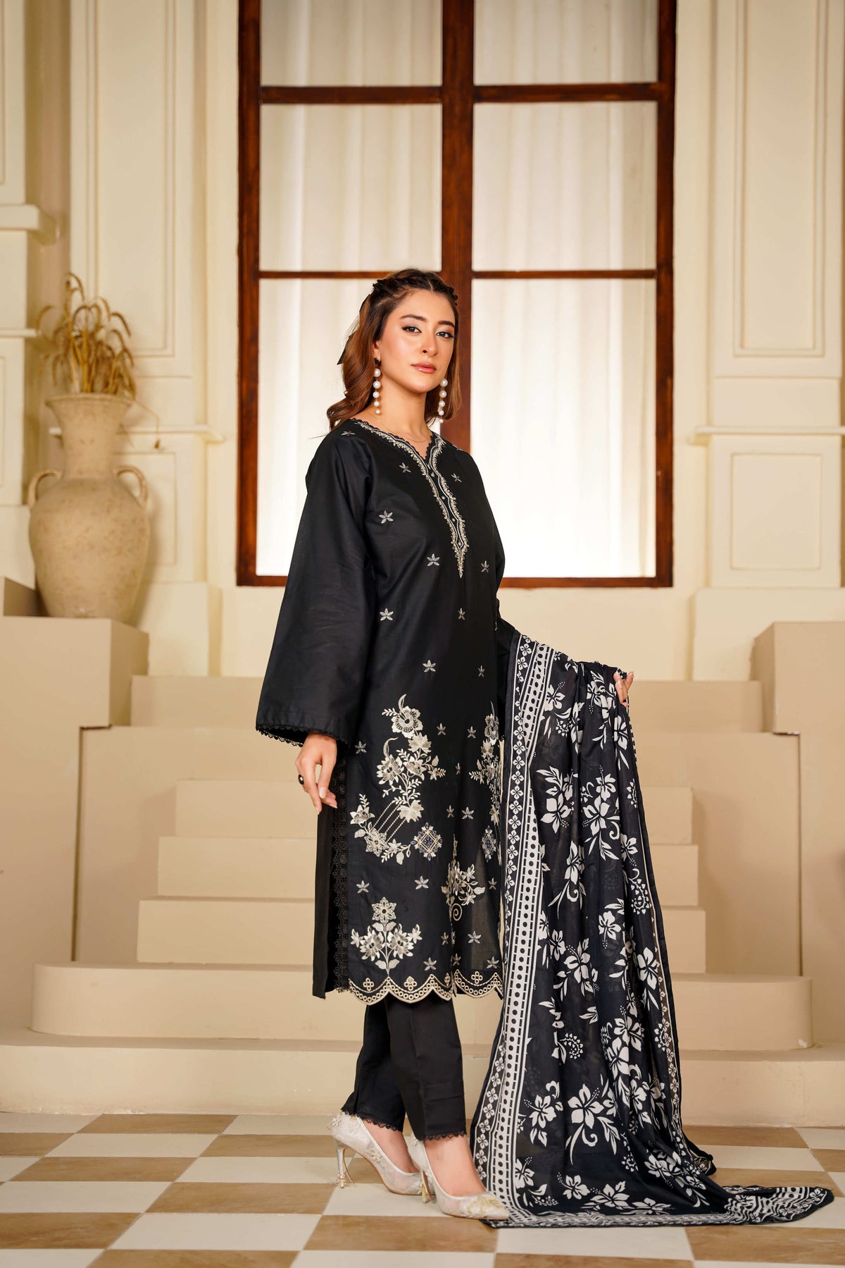 Ayleen Vol#1 All Black 3pc Premium Lawn Dyed Front Full Embroidered, Premium Lawn Dyed Back Sleeve & Lawn Voil Digital Print Dupatta- Zehnoor