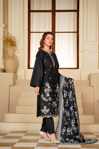 Ayleen Vol#1 All Black 3pc Premium Lawn Dyed Front Full Embroidered, Premium Lawn Dyed Back Sleeve & Lawn Voil Digital Print Dupatta- Zehnoor