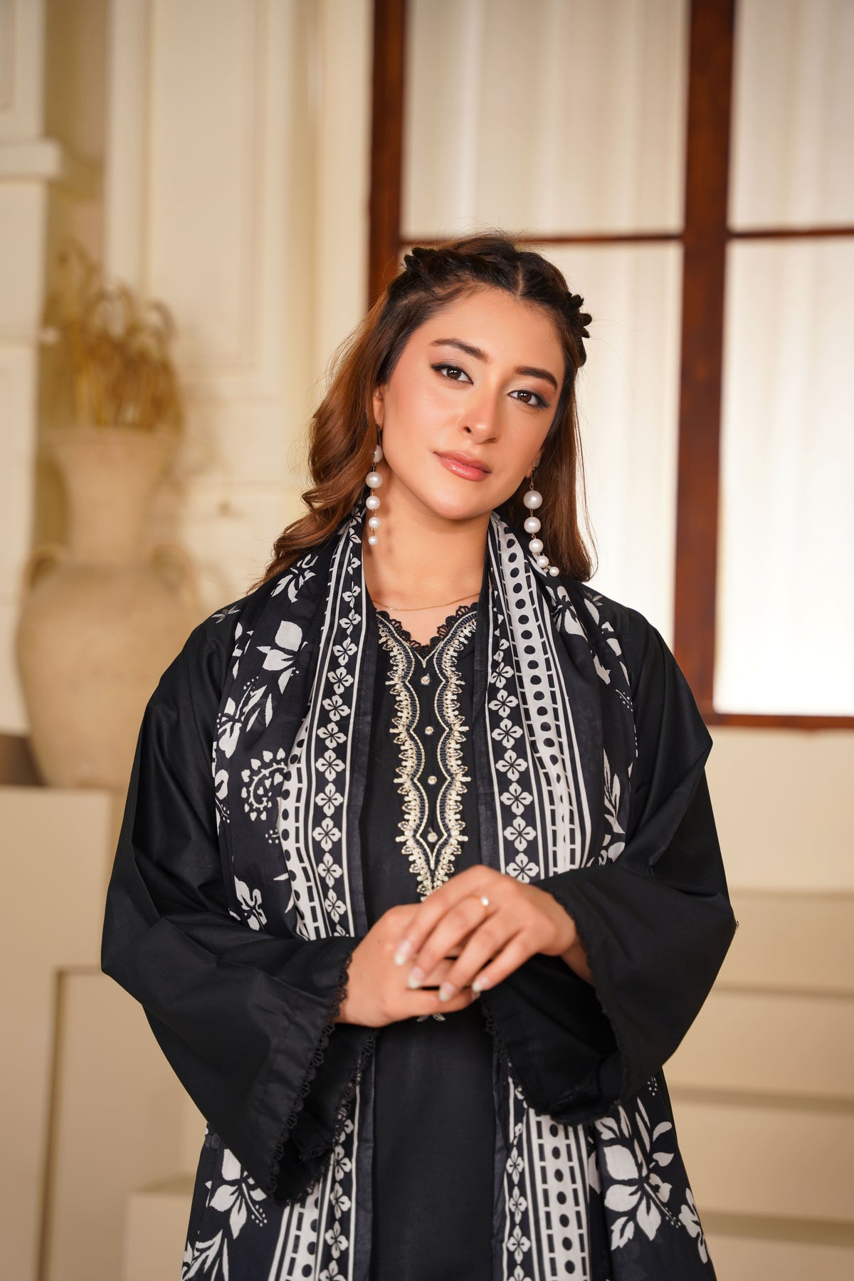 Ayleen Vol#1 All Black 3pc Premium Lawn Dyed Front Full Embroidered, Premium Lawn Dyed Back Sleeve & Lawn Voil Digital Print Dupatta- Zehnoor